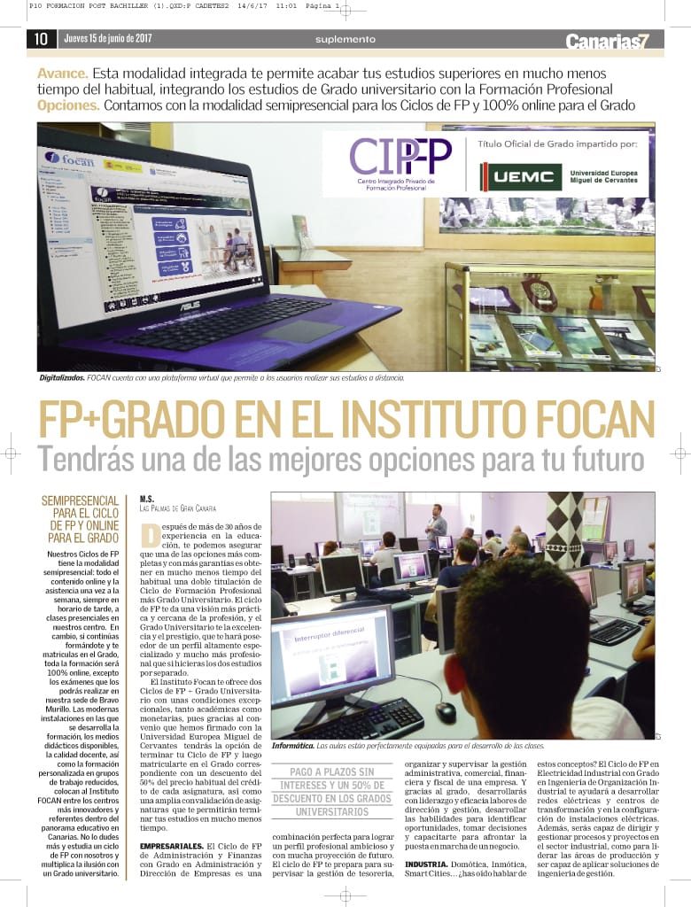 Artículo en Canarias7 de los ciclos de fp con grado universitario en Instituto Focan