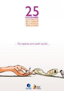 Cartel con una de ilustración de una mano femenina en el suelo y un teléfono a lado con el lema "no esperes para pedir ayuda" 25 noviembre día contra la violencia hacia las mujeres
