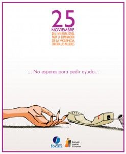 Cartel con una de ilustración de una mano femenina en el suelo y un teléfono a lado con el lema "no esperes para pedir ayuda" 25 noviembre día contra la violencia hacia las mujeres